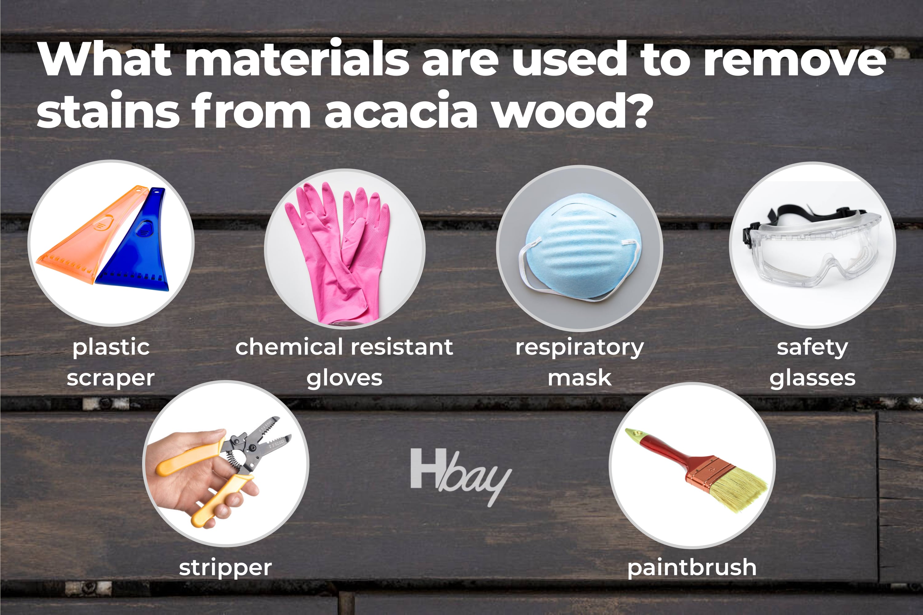 What materials are used to remove stains from acacia wood