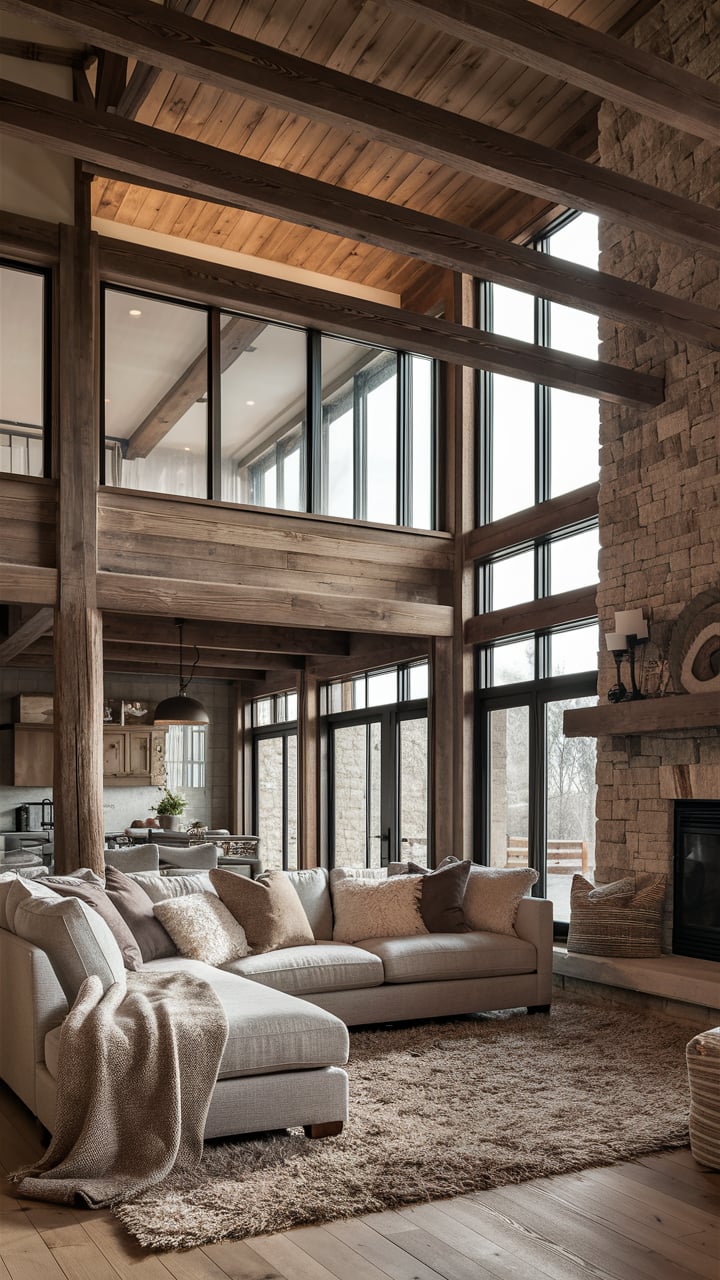 farmhouse living room neutrals and wood