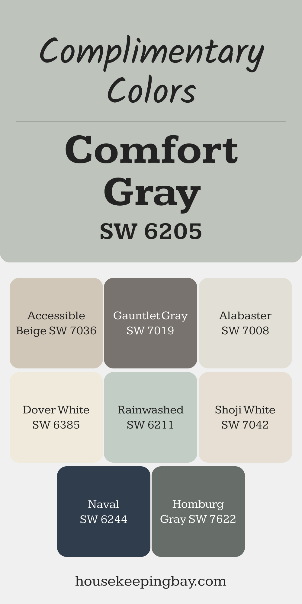 Comfort Gray (SW 6205). Best Complementary Paint Color Collection for Greens by Sherwin-Williams